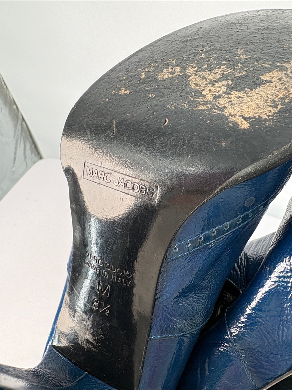 ✂️ Marc Jacobs blue shiny Leather High-Heel Ankle Boots with Black Strap - Picture 12 of 12